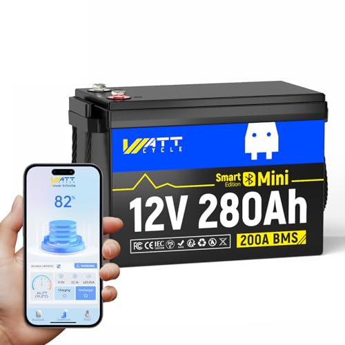 WattCycle Mini batterie LiFePO4 Bluetooth, 12 V 280 Ah, batterie au lithium intelligente avec BMS 200 A, durée de vie de 10 ans, parfaite pour moteur de trolling, marine, camping-car, détecteur de