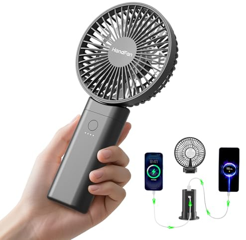 HandFan 10,000 mAh Quiet Handheld Fan - 4.5 Inch Large Hand Held Fans Reahargeable, Portable Fan [30 Working Hours] with Charging Function, Lanyard, Base for Travel/Concerts/Lash/Office