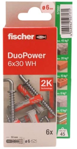 fischer - Duopower 6 x 30 con alcayata - 6U, tasselli da parete multimateriale, servono per appendere biciclette, quadri, armadi, supporti TV, scaffali, mobili.
