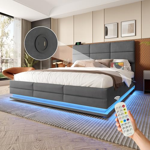 OKimmy Polsterbett Doppelbett 160x200cm, mit LED-Beleuchtung, Zweiseitige USB/Type-C-Ladefunktion, hydraulischem Stauraum, Bettgestell mit verstellbarem Kopfteil, mit Lattenrost Ohne Matratze, Grau