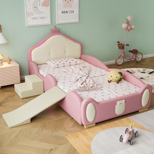 PUGSDRLY Lit Enfant Rembourré À Couronne avec Toboggan,LED Réglable,Barrières Souples,Lit Enfant Fille Une Place 90x200 cm avec Escalier,Sommier À Lattes,PU,Rose