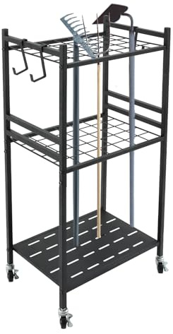 Organizzatore per attrezzi da giardino con ruote, organizzatore per attrezzi da giardino, 35 slot per attrezzi da giardino, pale, rastrello, scopa, 43 x 30 x 79,5 cm, portata 30 kg, Sc