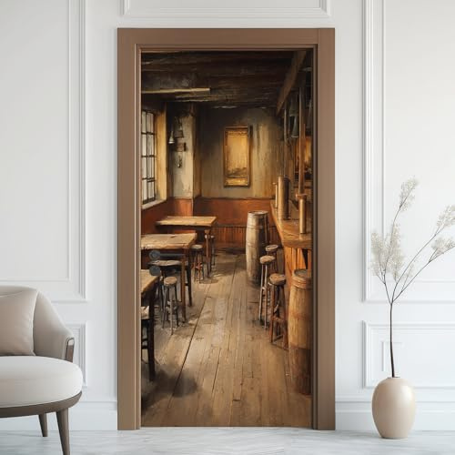Vintage Bar Türaufkleber, Esszimmer Braune Fass Türfolie Selbstklebende Fototapete, Rustikal Pastoral Abnehmbar Türfolie PVC Für Tür Schlafzimmer Badezimmer Türaufkleber 95x205 cm