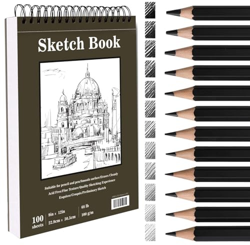 Album da Disegno A4 Sketchbook, 12 Matite da Disegno, Blocco da Spiralato con Pagine Perforate e Senza Acidi, Ideale per Disegnare e Fare Schizzi in Studi, Scuole o Case(100 Fogli /200 Pagine)