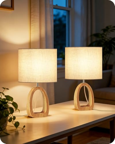 GOEBLESON Lampe de Chevet Lot de 2, Petite Lampe de Table en Bois et Abat-jour en Lin, Lampe à Poser avec Câble, Douille E27, 1 Ampoule LED 2700K Inclus, pour Salon, Chambre, Beige et Bois