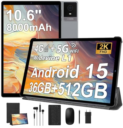 RUSHAR Tablet 10.6 Pollici con Tastiera, Android 15 Tablet con 36GB RAM+512GB ROM(TF 1TB), 4G LTE+5G WiFi, IPS 2K HD, 8000mAh, Octa-Core, 13MP+8MP, BT 5.0, GPS, Tablets in offerta e Mouse, Grigio