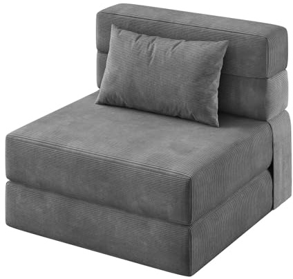 Garvee 2-in-1 Schlafsessel Klappbar mit Kissen - Modernes Schlafsofa & Gästebett aus hochwertigem Cord-Stoff, Platzsparender Einzelsessel Bodenstuhl für Wohnzimmer, Schlafzimmer & Büro, Dunkelgrau