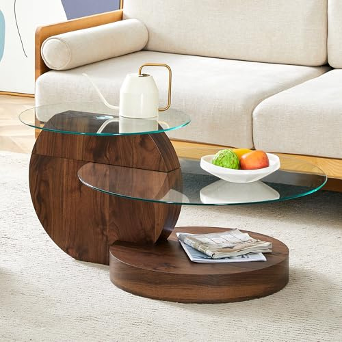 okwish Couchtisch Rund 2er Set mit Glas Tischplatte & holzgestell - Moderner Beistelltisch für Wohnzimmer, Balkon, Büro - Nussbaum