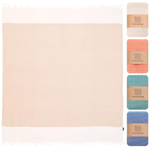 MOMOMUS Strandtuch 90x170 cm, 100% Baumwolle, Fouta-Hamamtuch, Beige | Absorbierende Fouta aus 100 % Baumwolle zum Abtrocknen und Einwickeln; leicht und kompakt, mit Zickzackgewebe und Fransen.