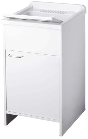 Negrari Garden 9005 Lavatoio Bianco 45x60 H85 cm Mobile in PVC Resistente All’Acqua Anta Battente Vasca Termoformatura Asse Polipropilene Fornito Montato Per Lavanderia Interno Esterno Ambienti Umidi