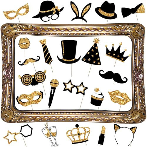 24 x Foto Requisiten Set, Aufblasbarer bilderrahmen,Foto Requisiten Geburtstag (inkl. Brillen, Schnurrbärte, Lippen) – Foto-Requisiten für Geburtstage, Hochzeiten und Karneval – 46 x 67 cm