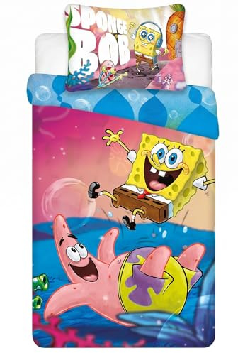 BrandMac Svampbob Fyrkant Sängkläder Set för barn | Enkelt påslakan 140 x 200 cm med örngott 50 x 70 cm | Färgglad Svampbob-design för barn enkelsängar