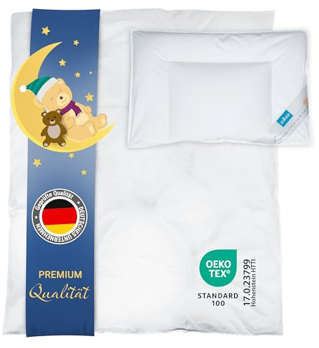 ZOLLNER Kinder & Kleinkinder Premium Bettenset - Bettdecke und Kopfkissen aus 90% Daunen und 10% Federn - Bezug aus Baumwolle - Made in Germany - 40x60cm und 100x135cm - für Kinder bis 5 Jahre