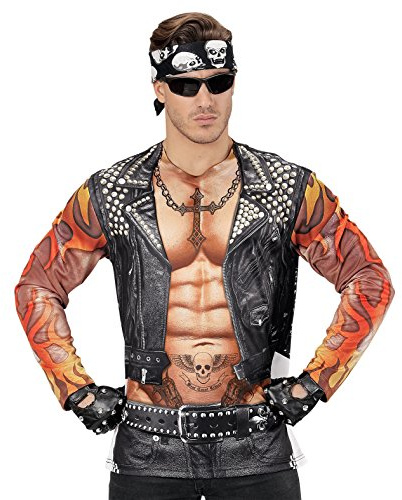 W WIDMANN MILANO Party Fashion - Biker Kostüm Shirt Herren | Fotorealistischer Aufdruck für Biker-, Rocker-, Punk- und Gangsterkostüme, Karneval, Mottopartys