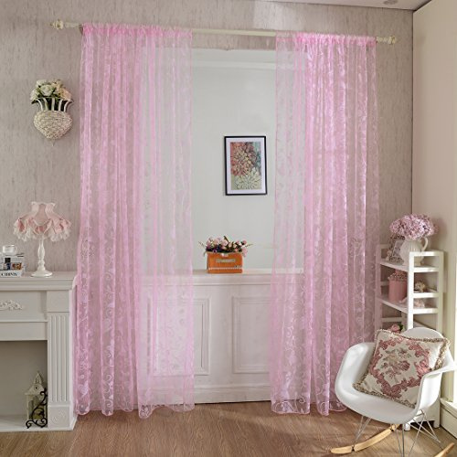 Lommer Transparent Curtain, Set of 2 200 x 100 cm Flocking Window Screening, Voile Tab-Top Curtain, Tulle Window Curtain Yarn for Bedroom and Living Room, Butterfly Pattern (Pink)