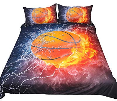 DAIHAN Basketball-Bettwäsche, für Jungen und Mädchen, 3D-Shooting a Basketball, rote Flammen, blaues Wasser, 3-teiliges Sport-Bettdeckenbezug Stil1 AUQ