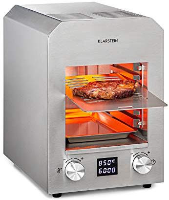 Klarstein Hannibal - Gril haute température d'intérieur, Puissance : 2.200 W, Température : 200-850 °C, Élément infrarouge, CharForce System, Surface : 18,5 x 30 cm, Écran LED, Minuterie, argent