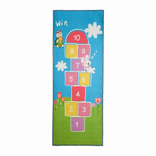 Relaxdays Kinderteppich Hüpfspiel, 180 x 70 cm, 10 Hüpfkästchen, Kurzflor, gummierte Unterseite, Spielteppich, bunt
