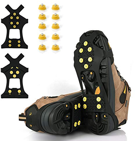Ice Cleats, Ice Grips Traction Cleats Grippers Non-Slip Over Shoe/Boot Rubber Spikes Crampons with 10 Steel Studs Crampons Slip-on Stretch Footwear for Winter + 10 Extra Replacement Studs