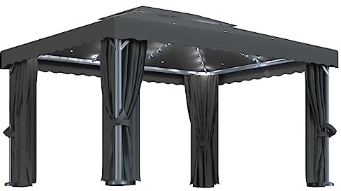 vidaXL Tonnelle avec Rideau et Guirlande Lumineuse à LED Belvédère de Jardin Pavillon d'Extérieur Tente de Réception Chapiteau Barbecue 4x3 m Anthracite