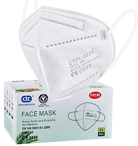 ctc connexions FFP2 Mask 20Pack Disposable FFP2/KN95 Dust Face Masks CE0598 Certified EN149 Standard 5 Layers Filter Protective Mask Individually Packaged