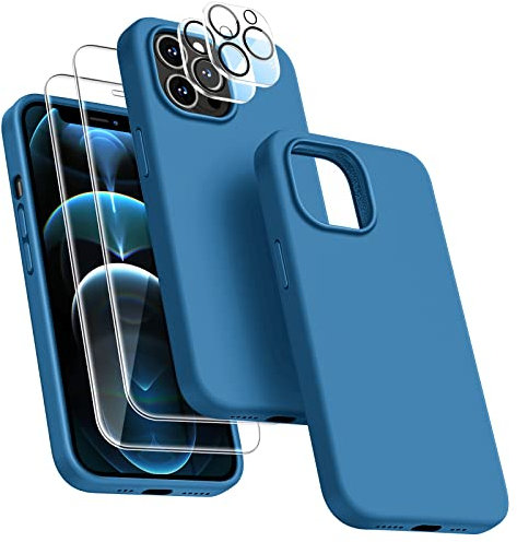 Dssairo [5 in 1 für iPhone 12 Pro Max Hülle 6,7 Zoll, mit 2 Pack Displayschutzfolie + 2 Pack Kameraobjektivschutz, Flüssigsilikon Ultra Slim Stoßfest Schutzhülle Handyhülle (Marineblau)