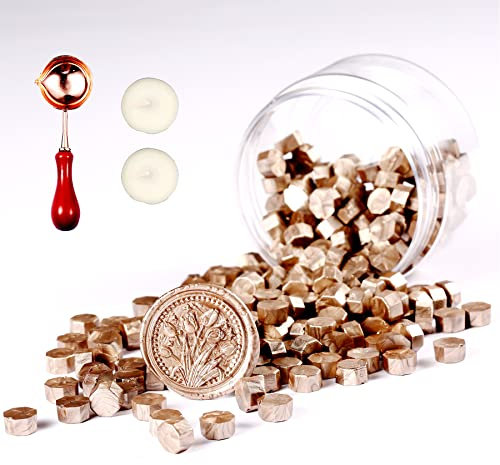 Comealltime 248 Stück Siegelwachs Set, Achteckige Siegelwachsperlen mit 2 Teelichtern & 1 Schmelzlöffel, Siegellack für Wachssiegel Stempel(Champagner)