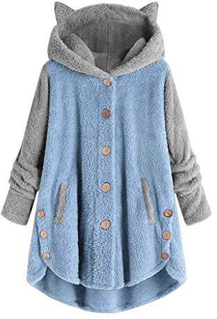 Awrvia Hoodie Damen Oversize PlüSchjacke Warm GefüTterte Fleecemantel LäSsige Teddyjacke Flauschig KäTzchen Wintermantel Farbblock Lange Cardigan Kuschelig Kawaii Kapuzenjacke mit Taschen Mantel