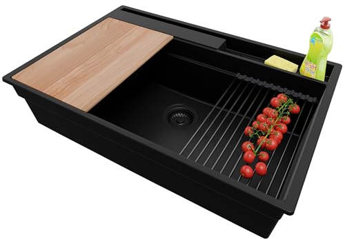 PRIMAGRAN Evier Cuisine en Granit au Meuble 80cm + Kit de Vidage, 78x53cm | Set: Kit de Vidage (Siphon, bonde d’évacuation, trop-plein) + Lavabo 1 Bac - Oslo, Tout Noir