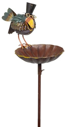 Moritz Gartenstecker Rabe Zylinder Metall 129 cm – Vogeltränke Stab Deko | Krähe mit hohem Hut, handbemalt, mit Wasserschale, Erdspieß, Rost-Optik, für draußen, dekorativ