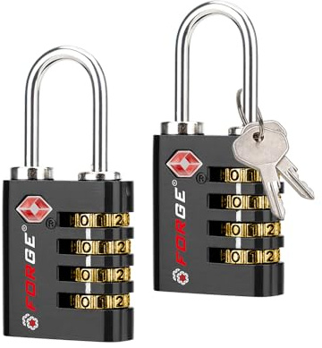 Forge Dual-Opening: Key or Combination Access Lock, Use Key to Recover Code If Forgotten, TSA Approved Locks for Luggage, Pelican case, Travel, Gym, School, Stainless Steel Shackle. (Black 2 Pk)