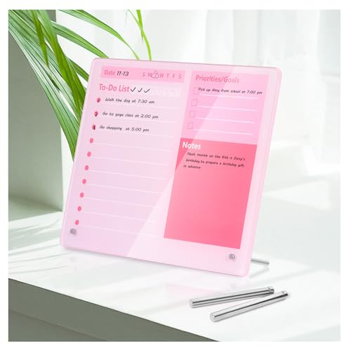 Marribol Tableau blanc de table en acrylique épais effaçable à sec, 30,5 x 25,4 cm, tableau blanc de table avec support, sans cadre, rose effaçable à sec, pour bureau, maison, école