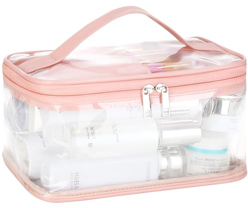 HAOGUAGUA Transparente Make-up-Kosmetiktasche mit Pinselfach, tragbar, wasserdicht, Reise-Kulturbeutel für Reisen, Aufbewahrungs-Organizer, Pink, Transparente Make-up-Kosmetiktasche mit Pinselfach