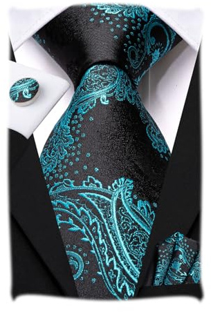 Hi-Tie Black Teal Ties Sets for Men Silk Paisley Necktie Pocket Square Cuff-links Sets Wedding Business Holiday