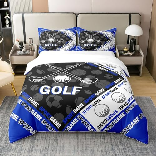 Golf Boys 100% Cotton Duvet Cover Full Cartoon Basketball Football Rugby Grid Bedding Set for Kids Teens Adults Blue White Gray Plaid Sports Game Style Quilt Cover with 2 Pillowcases(No Comforter)