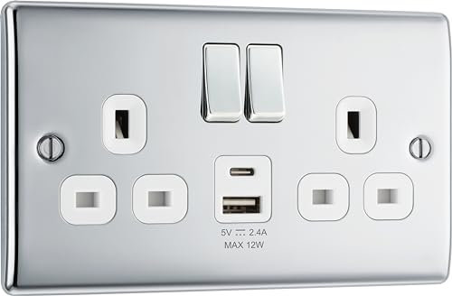 BG Electrical 12W Double Switched Power Wall Plug Socket with Type A and Type C USB Charging Ports, Nexus Metal, Polished Chrome, 13A, NPC22UAC12W
