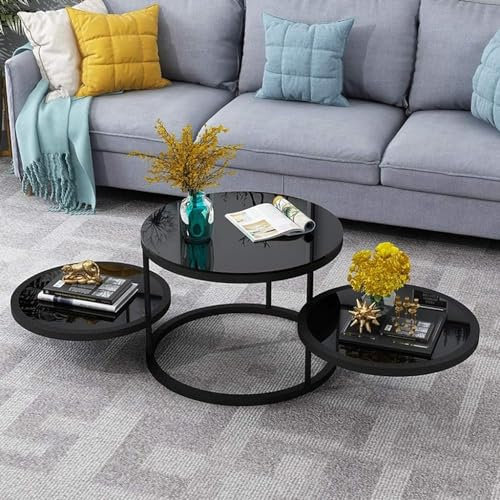 Drehbarer Couchtisch mit 3 Ebenen, kreativer runder Beistelltisch aus Schmiedeeisen, um 360 ° drehbarer Beistelltisch mit Platte aus gehärtetem Glas, Satztische (Farbe: 2#)