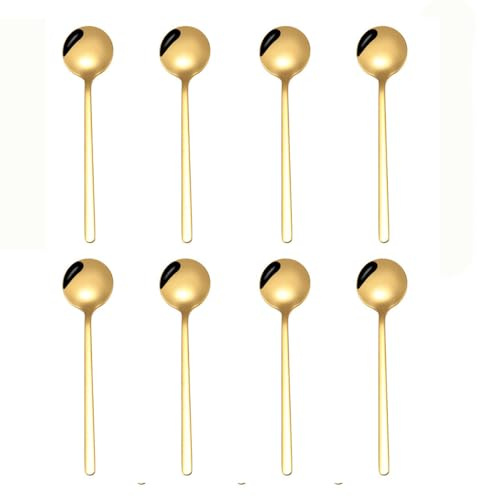 Lot de 8 petites cuillères à café rondes en acier inoxydable de 13,4 cm pour mélanger la crème glacée pour dessert, lait, boisson fraîche, doré