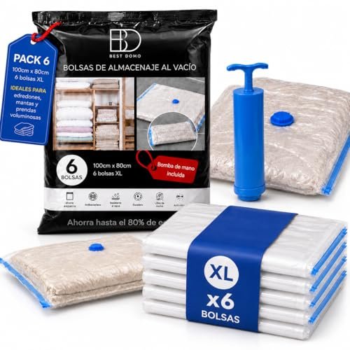Bolsas para guardar ropa al vacío pack 6 unidades -XL 100x80 cm con bomba manual y cierre hermético, para edredones, mantas y ropa de cama