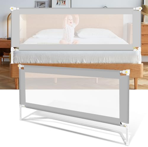 Ansobea 150cm Bettgitter｜Kinderbettschutz mit U-förmige Füße｜Kinderbettgitter Faltbar｜Bettschutzgitter für Kinder｜Rausfallschutz Bett Höhenverstellbar 68-95cm｜Einfach zu Montieren｜Grau