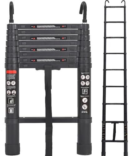 Exleiter Aluminum Telescoping Ladder, 2.6M/8.5FT Portable Extension Ladder with 2 Detachable Hooks Extendable Folding Anti-Slip Loft Ladder with Certificate EN 131, Black