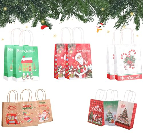 Nlqhyrexion Geschenktüten Weihnachten Groß 27 × 21 CM + 21 × 15 CM, 12 Weihnachtstüten Kraftpapiertüten mit Henkel, Weihnachtstüten zum Befüllen, Geschenktaschen Geschenkbeutel für Verpackung
