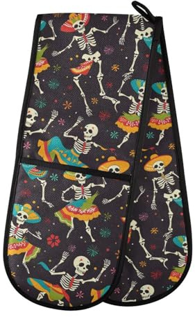 Double Oven Gloves Day Of The Dead Skull Heat Resistant Pot Holder Oven Mitt Gloves for BBQ Cooking Baking Grilling Microwave