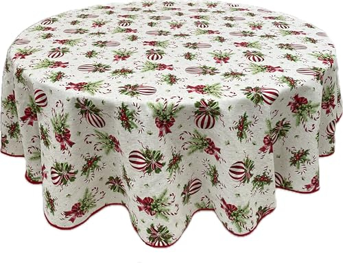 1KDreams Tovaglia natalizia Rotonda. Palline Fiocchi rossi foglie abete su sfondo bianco. Elegante. Classica e moderna. (⌀ - 180 cm)