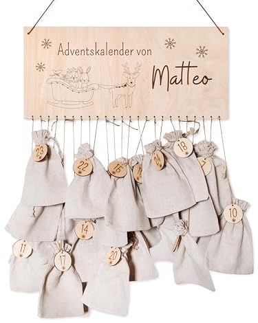 wunderwunsch® - Personalisierter Adventskalender zum selber befüllen mit hochwertiger Gravur in Holz - mit Juteschnur Jutesäckchen und Holzzahlen