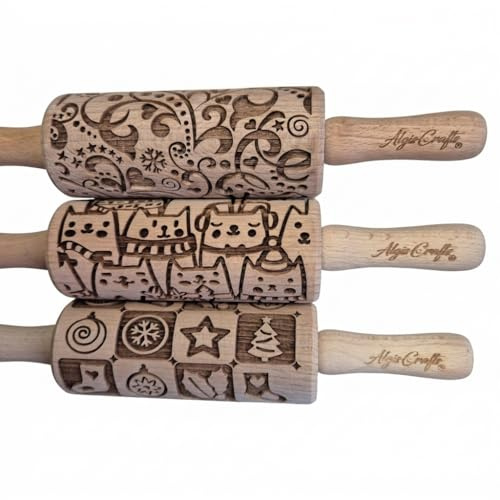 FESTA DI NATALE Mattarello Decorativo per Biscotti - Set di 3 Mattarelli Piccoli | Mattarello Inciso | Rullo per Biscotti e per Modellare per fai da te | Mattarello Legno Goffrato di Algis Crafts