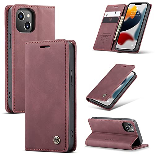 WJXEXRS Handyhülle für iPhone 13 Mini Hülle, Premium Klapphülle Leder Schutzhülle Klappbar mit Kartenfach Ständer Magnet Handytasche Standfunktion Flip Case Lederhülle für iPhone 13 Mini -Weinrot