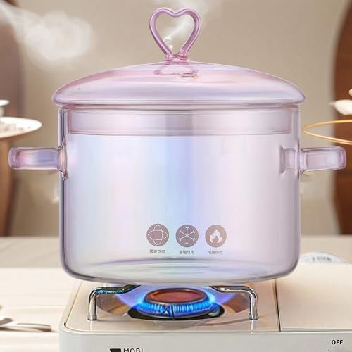 QSLKI Pentola in vetro da 1,5 l, con coperchio, resistente al calore, in vetro trasparente e padella con coperchio, per pasta, pasta, zuppa, latte, tè e insalata, pentola trasparente (amore)