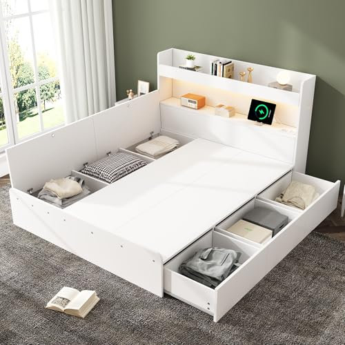 Doppelbett 140x200 cm, Massivholzbett mit Bettkasten, Schubladen und Regal, LED Kopfteil Bett mit USB Ladefunktion und Steckdose, Funktionsbett Kinderbett Jugendbett Stauraumbett, Ohne Matratze, Weiß