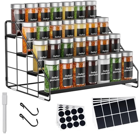 AHOMSEL 4-Tier Spice Rack Organiser - Height adjustable (2/3/4 levels) Spice Racks - Metal spice rack with S-hooks & labels - Spice organizer for kitchen, cupboard, bathroom (1)